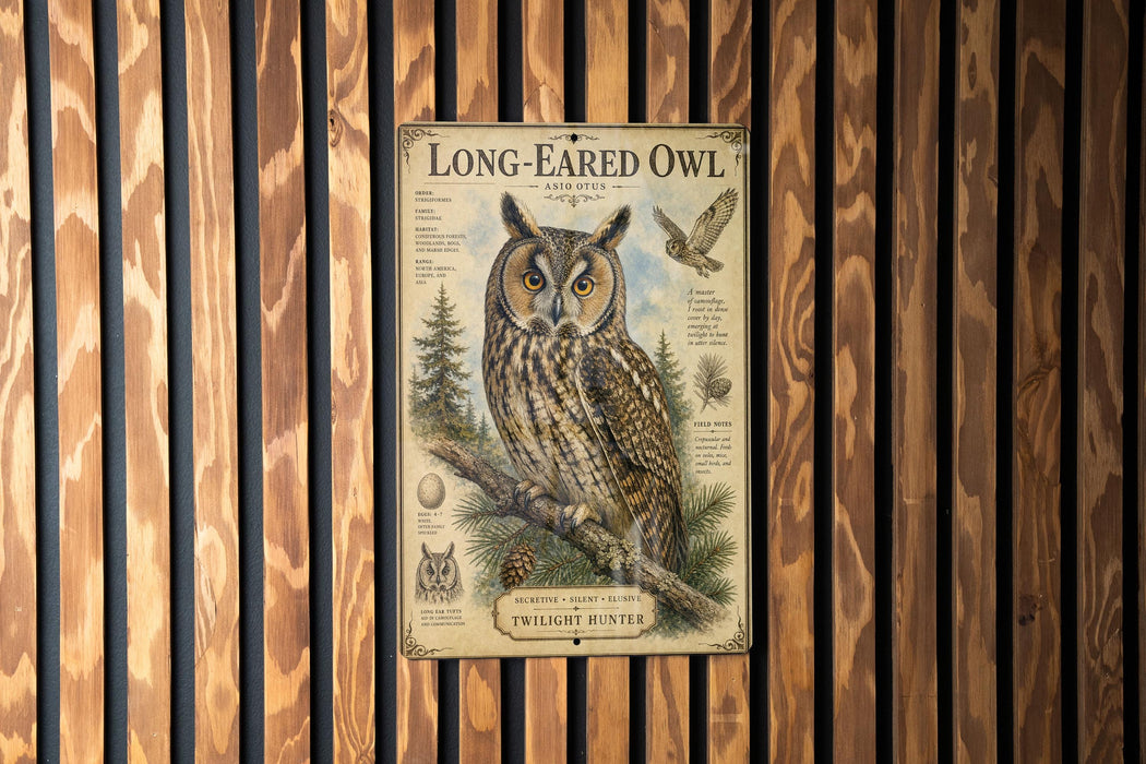 a poster of a long-eared owl, which is mounted on a wooden wall.