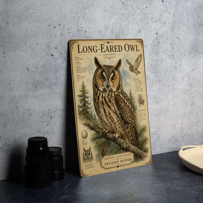 a framed illustration of a long-eared owl, with text and illustrations related to the species.