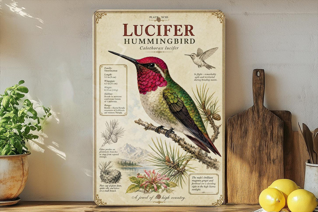 a poster or painting of a hummingbird, with various details and illustrations about the bird, including its physical characteristics, habitat, and behavior.