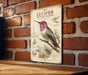 a vintage-style metal sign with illustrations and text about the "LUCIFER HUMMINGBIRD" against a brick wall background.