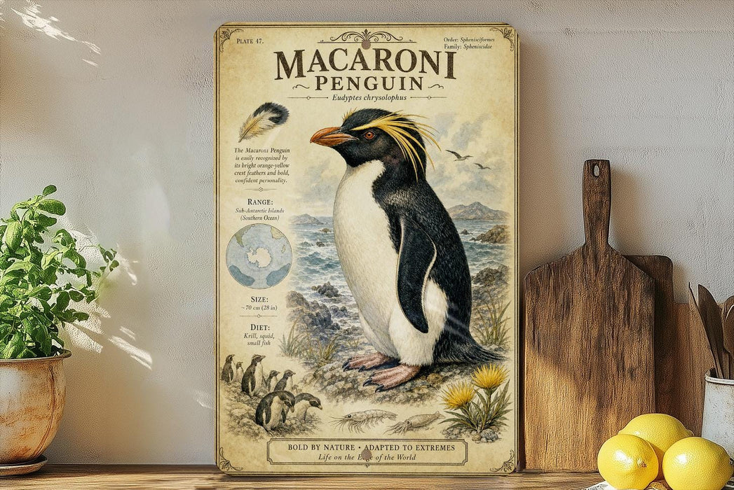a vintage-style poster of a macaroni penguin, with a detailed illustration of the penguin and its natural habitat. The poster is displayed on a wooden shelf, surrounded by various kitchen utensils and a potted plant.