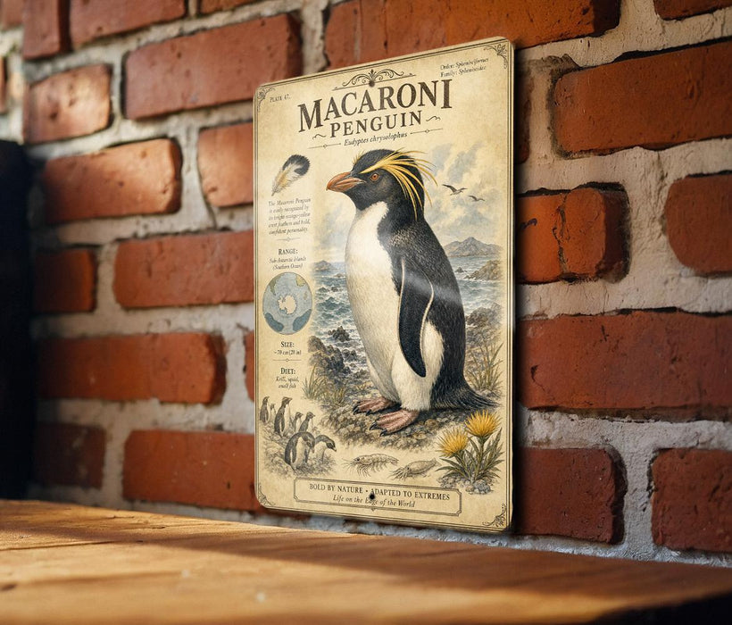 a vintage-style metal plaque with an illustration of a macaroni penguin, mounted on a brick wall.