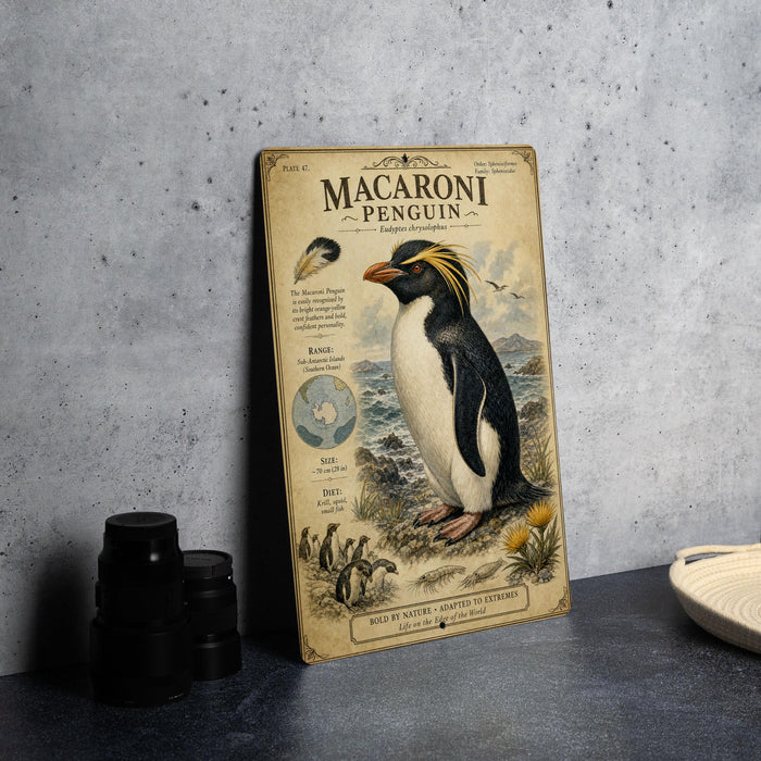 a vintage-style poster or book cover of a macaroni penguin, with a detailed illustration of the penguin and its natural habitat.