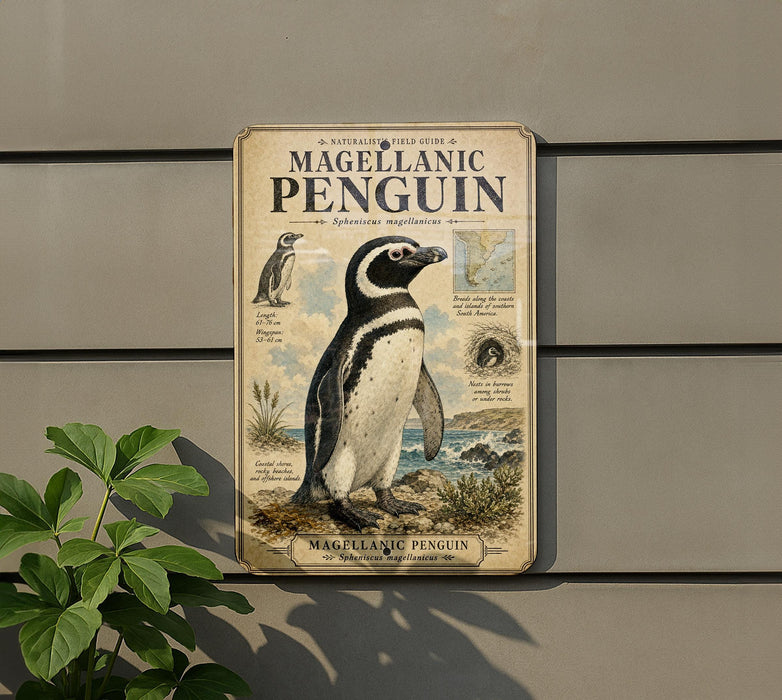 a vintage-style metal plaque with an illustration of a Magellanic penguin, mounted on a wall.