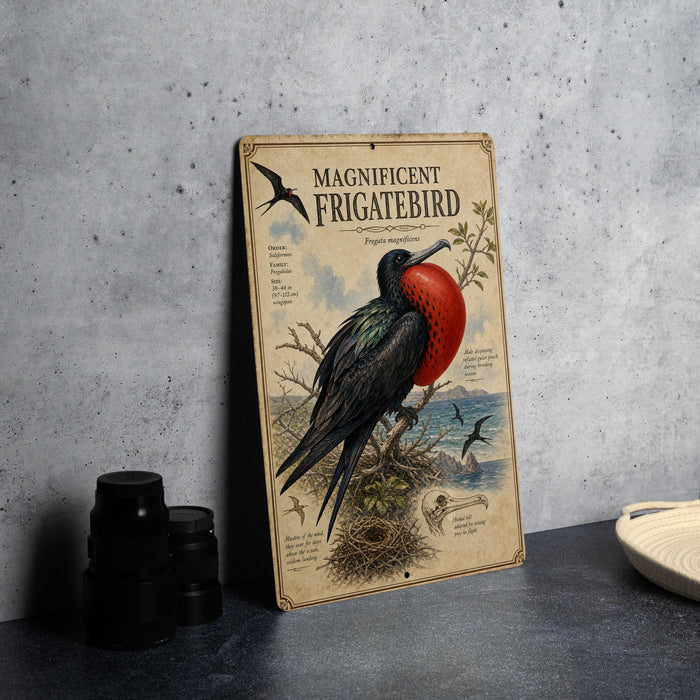 a vintage-style sign with illustrations of a frigatebird, a large seabird known for its distinctive red head and black body. The sign is placed on a table next to a stack of black camera lenses and a white bowl.