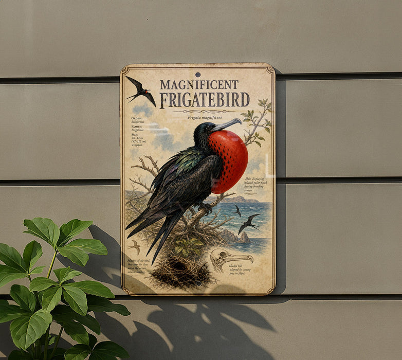 a sign with a large, colorful bird on it, which appears to be a frigatebird. The sign is mounted on a wall and is surrounded by greenery, including a plant.