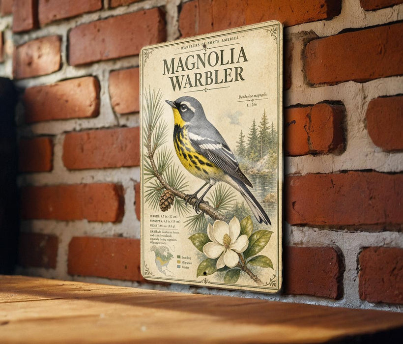 A vintage-style metal sign featuring a detailed illustration of a Magnolia Warbler, a type of bird, perched on a branch with a magnolia flower in the foreground.