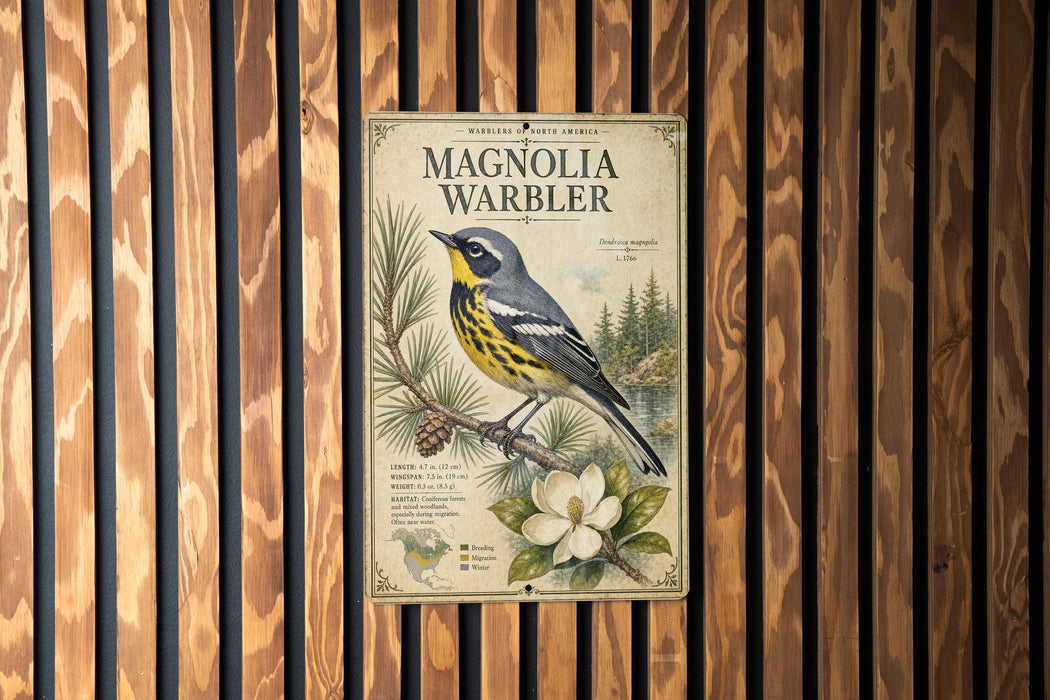 a vintage-style poster of a Magnolia Warbler, a bird species, displayed on a wooden wall.