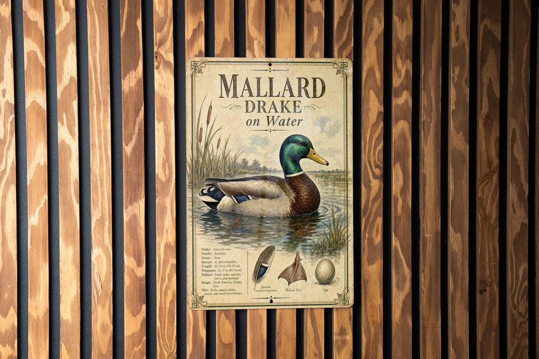 A vintage-style metal sign with an illustration of a mallard drake on water, mounted on a wooden wall.