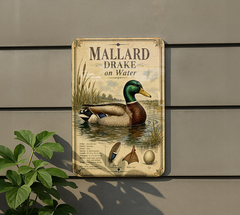 A metal sign with a duck illustration and text, mounted on a wall next to a plant.