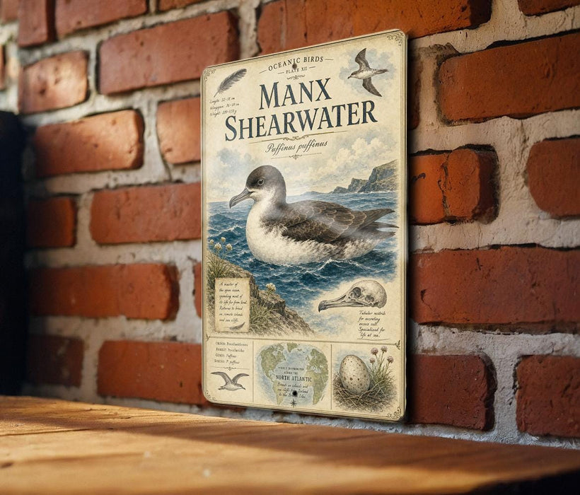a vintage-style metal sign with illustrations and text, mounted on a brick wall.