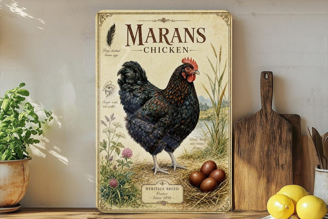 A vintage-style metal sign for Marans Chicken, featuring an illustration of a black chicken standing on a bed of straw and surrounded by various farm-related elements.