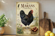 A vintage-style metal sign for Marans Chicken, featuring an illustration of a black chicken standing on a bed of straw and surrounded by various farm-related elements.
