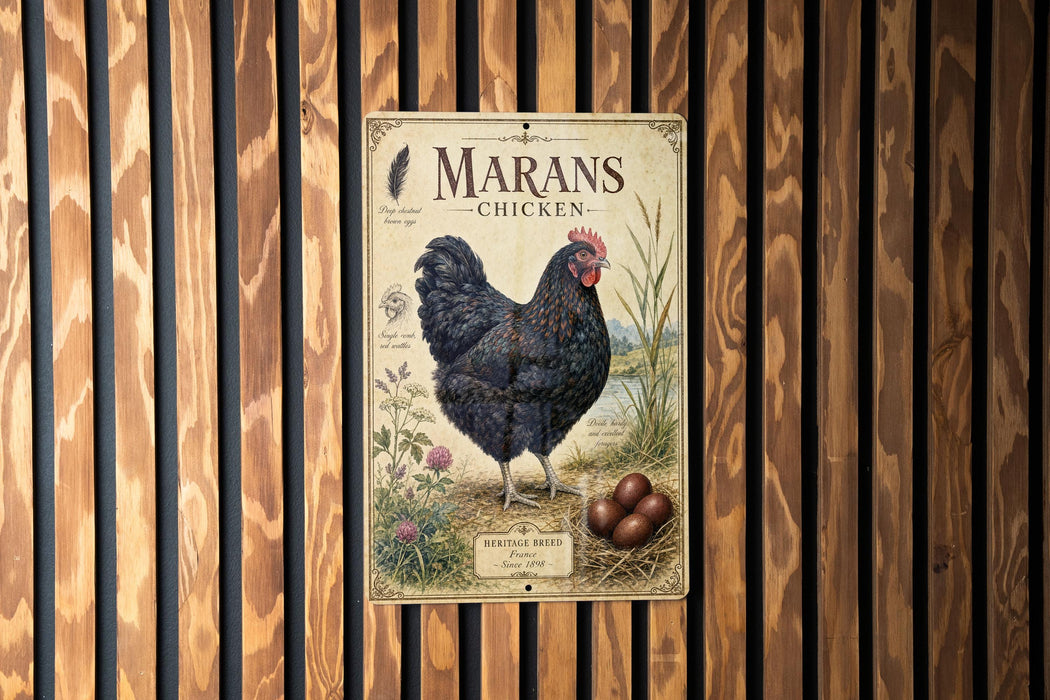 a vintage-style metal sign with a black rooster and brown eggs, mounted on a wooden wall.