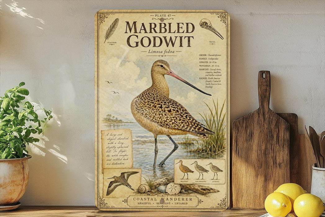 a vintage-style poster of a coastal sanderau, a type of wading bird, displayed on a shelf next to a wooden cutting board and some lemons.