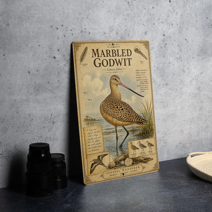 a vintage-style metal plate with an illustration of a bird, specifically a sandpiper, standing on a beach. The plate is placed on a countertop next to some black camera lenses.
