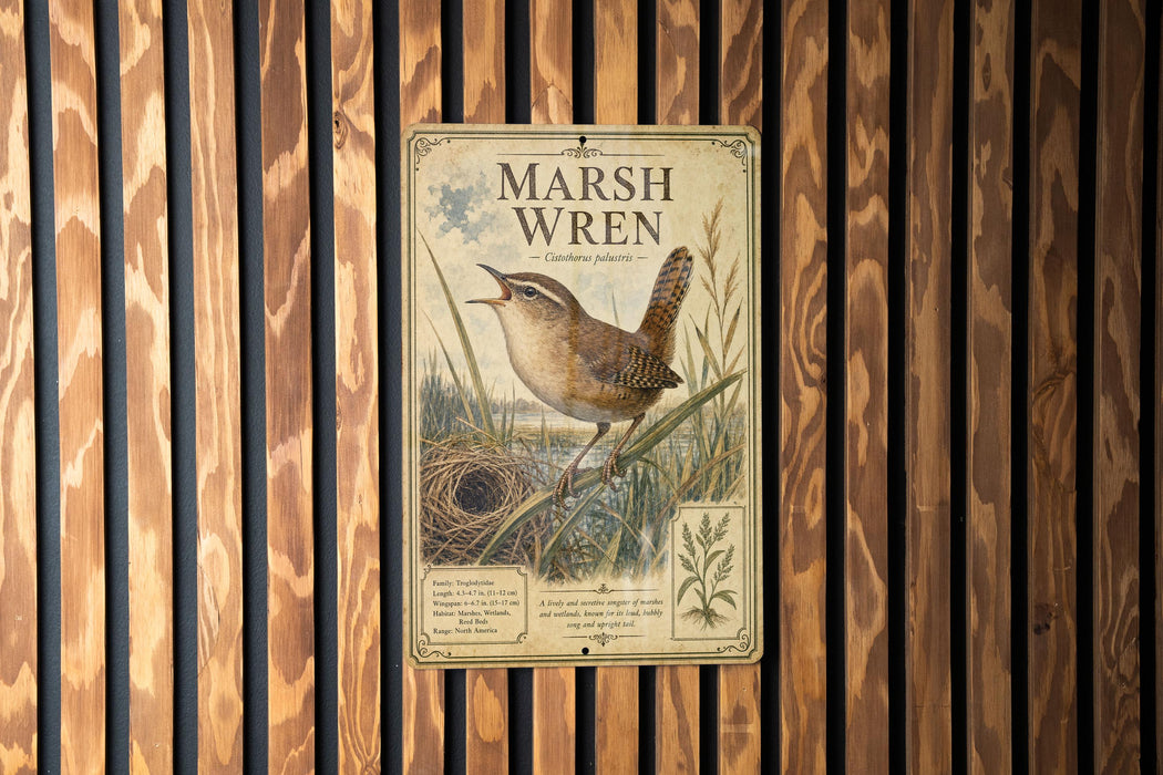 A vintage metal sign featuring a detailed illustration of a marsh wren perched on a branch, with text providing information about the bird.