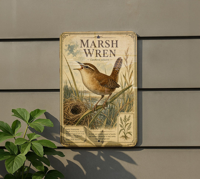 a vintage-style metal sign with a bird illustration, mounted on a wall next to a plant.