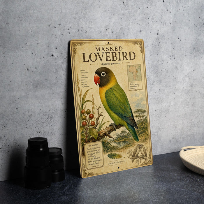 A framed illustration of a masked lovebird, a colorful parrot species, is displayed on a table next to a stack of black camera lenses.