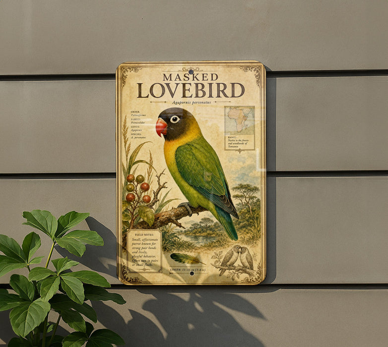 a vintage-style metal plaque or sign with a colorful illustration of a masked lovebird, mounted on a wall.