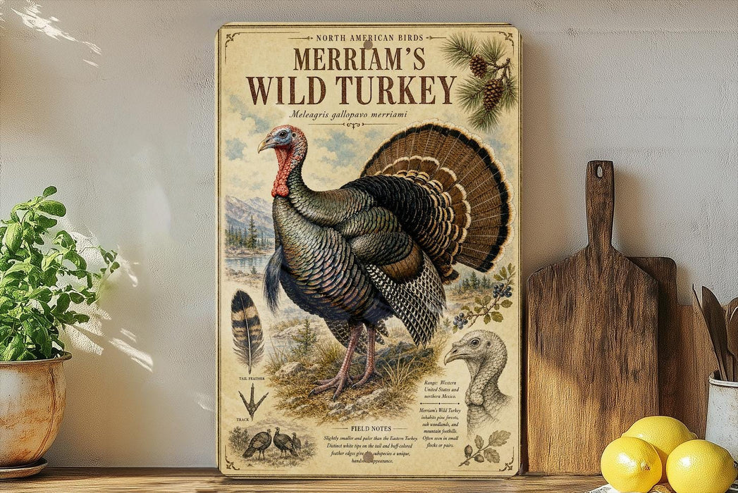 a vintage-style poster of a wild turkey, with illustrations and text about the bird, displayed on a shelf next to a wooden cutting board and some potted plants.