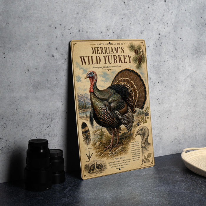 A vintage-style poster or advertisement for "Merriam's Wild Turkey" featuring a detailed illustration of a turkey in its natural habitat.