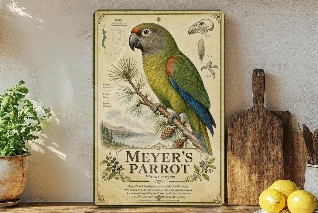 A vintage-style metal plaque featuring a colorful parrot, surrounded by botanical illustrations and text, is displayed on a shelf with a potted plant, a wooden cutting board, and some lemons.