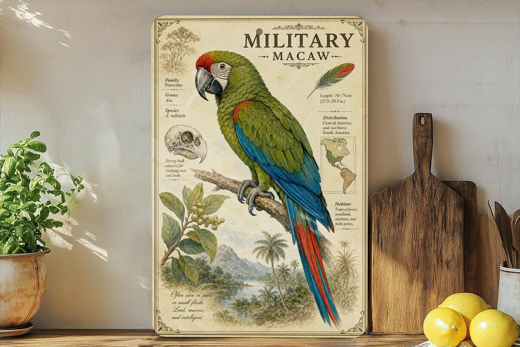 a vintage-style illustration of a macaw, a large parrot, perched on a branch. The illustration includes various details about the macaw, such as its vibrant green and blue plumage, its strong beak, and its distinctive red feet. The image is set against a backdrop of tropical foliage, and there are some additional elements, such as a potted plant, a wooden cutting board, and a bowl of fruit, which are placed on a shelf or counter.