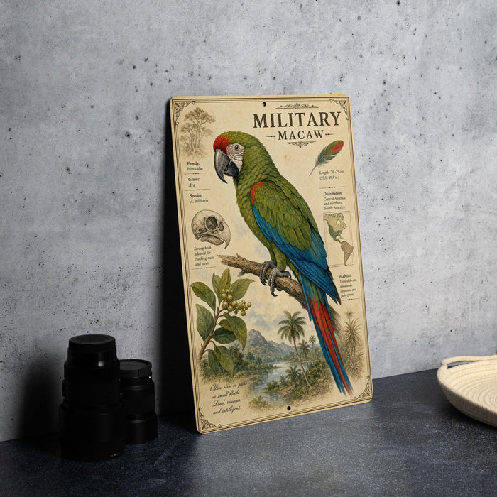 a vintage-style metal sign with a colorful illustration of a macaw, a type of parrot, perched on a branch. The sign is placed on a gray countertop, with a stack of black camera lenses and a woven basket visible in the background.