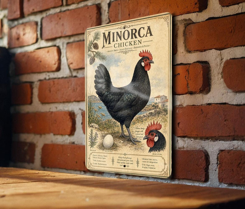 a vintage-style metal sign with a black chicken illustration, mounted on a brick wall.