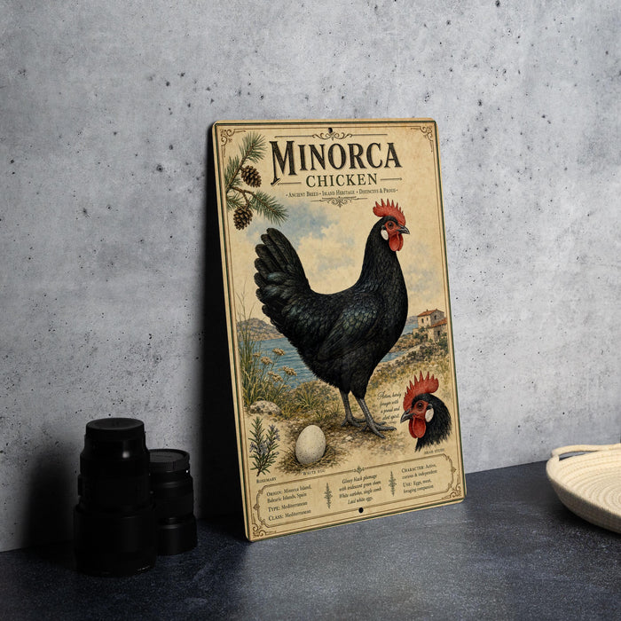 a vintage-style poster or advertisement for "Minorca Chicken" with a black rooster illustration and text.