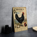 a vintage-style poster or advertisement for "Minorca Chicken" with a black rooster illustration and text.