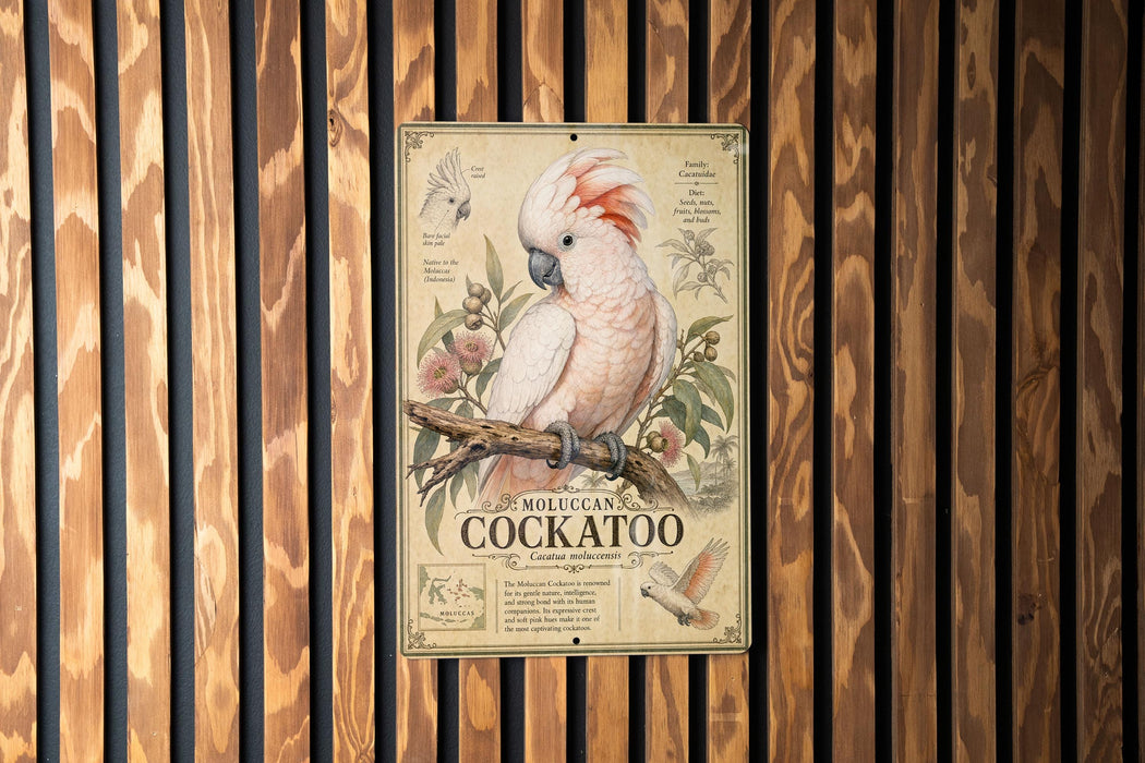 a metal sign with a detailed illustration of a cockatoo, surrounded by various text elements.