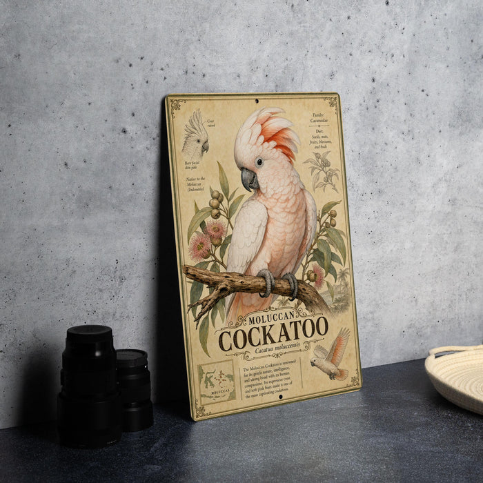 a vintage-style metal sign with a detailed illustration of a cockatoo, a type of parrot, perched on a branch. The sign is placed on a table next to a stack of black camera lenses and a white plate.