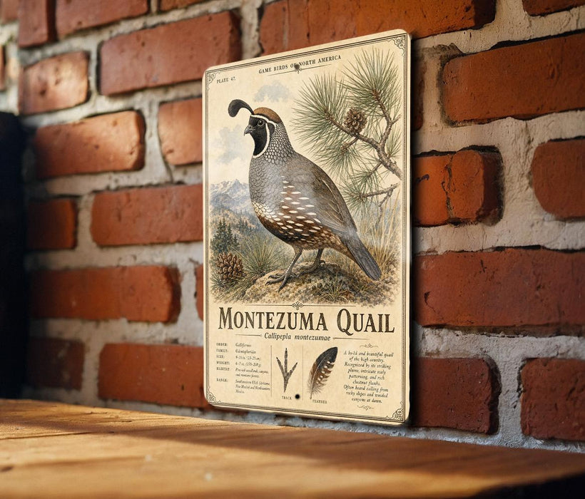 A metal sign featuring an illustration of a quail bird, with text providing information about the species.