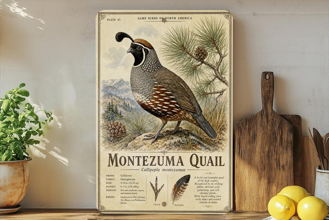 A framed illustration of a quail bird, specifically the Montezuma quail, is displayed on a shelf next to a wooden cutting board and some potted plants.