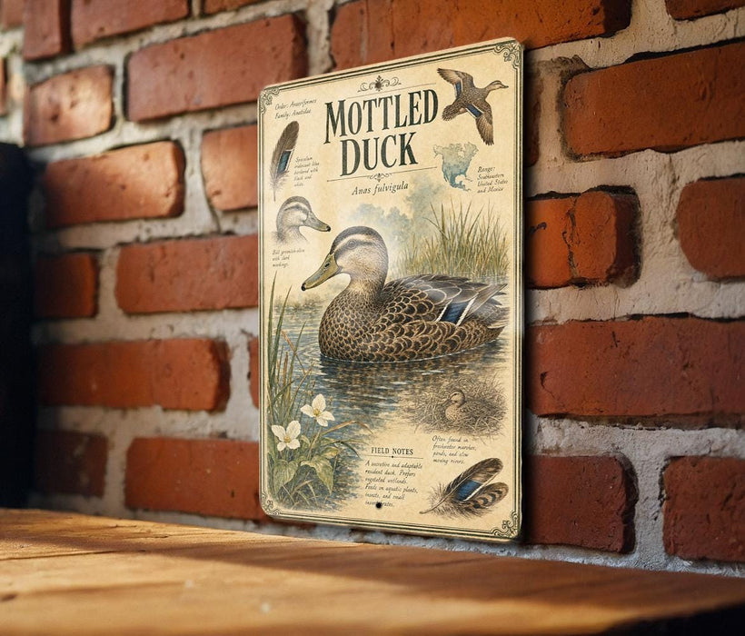 a metal sign with an illustration of a mottled duck, mounted on a brick wall.