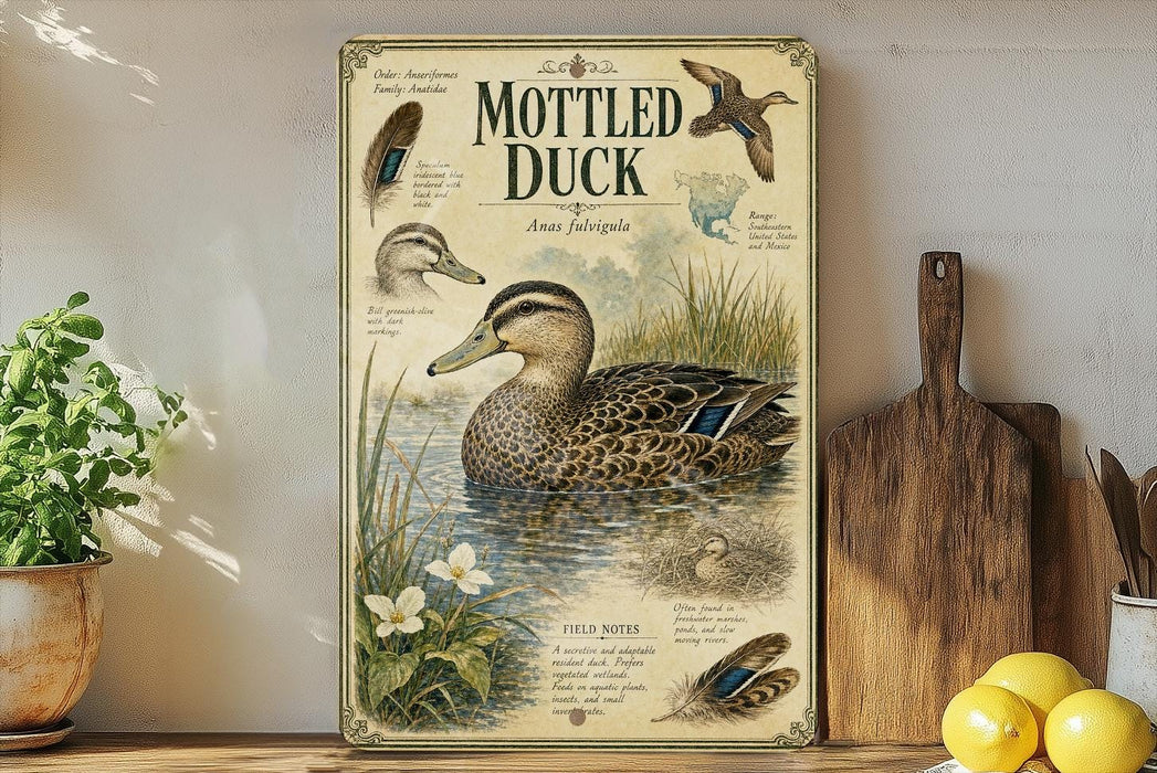 a vintage-style poster or painting of a motted duck, with illustrations of the duck in various poses and surrounded by plants and flowers. The poster is displayed on a wall, and there are some kitchen utensils and a potted plant visible in the foreground.