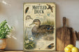 a vintage-style poster or painting of a motted duck, with illustrations of the duck in various poses and surrounded by plants and flowers. The poster is displayed on a wall, and there are some kitchen utensils and a potted plant visible in the foreground.