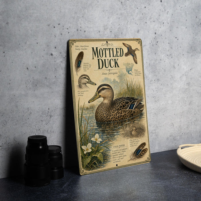 a vintage-style metal plaque or book titled "Mottled Duck" with illustrations of ducks and plants, placed on a gray countertop next to a stack of black camera lenses.