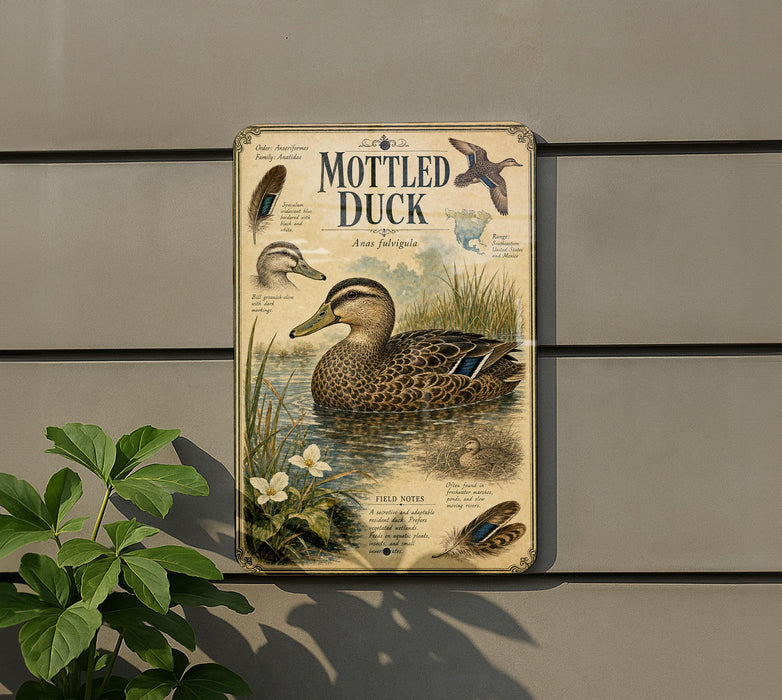 a vintage-style metal plaque with illustrations and text about ducks, mounted on a wall next to a plant.
