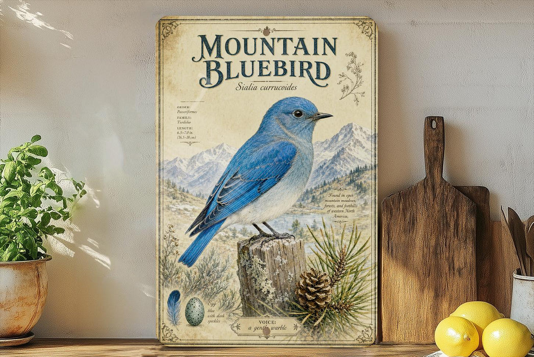 a vintage-style poster of a bluebird perched on a tree stump, surrounded by pine cones and pine needles, with a mountain backdrop.