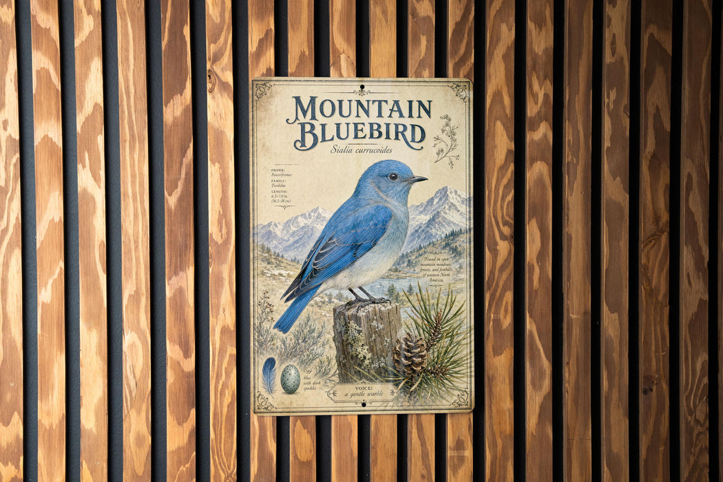 A vintage-style poster of a bluebird is displayed on a wooden wall, featuring a detailed illustration of the bird and its natural surroundings.