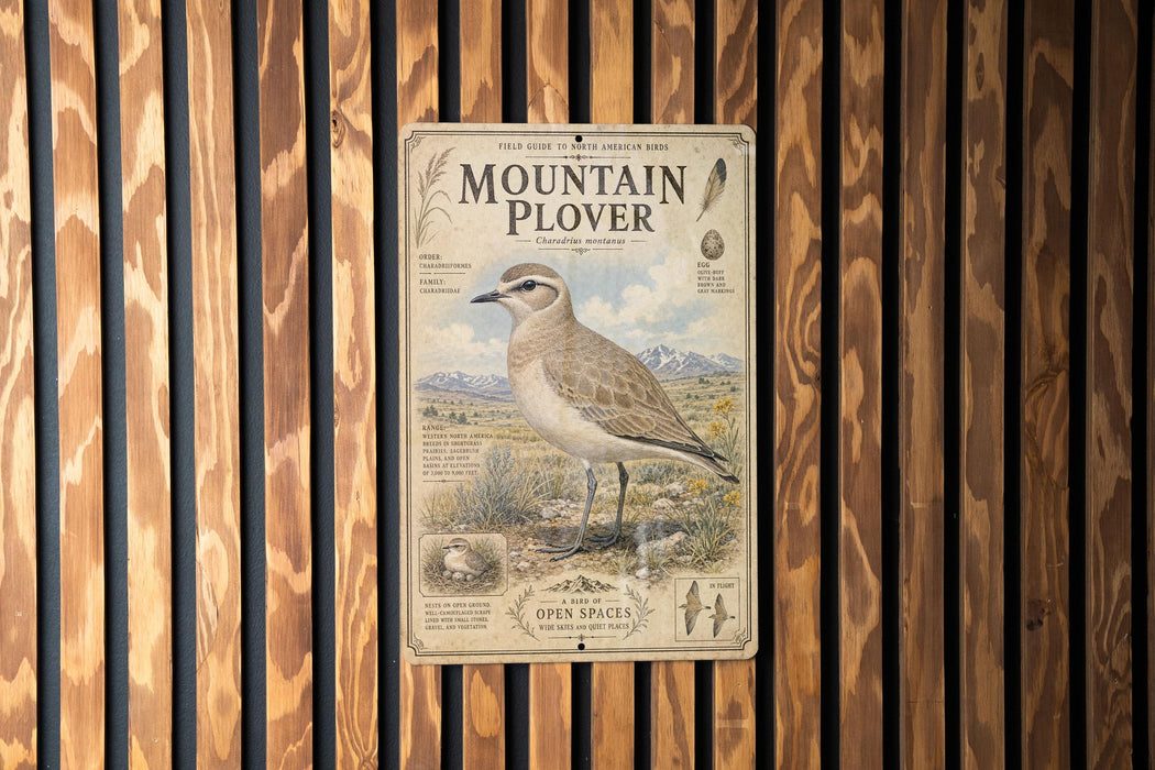 a vintage-style poster of a bird, specifically a mountain plover, mounted on a wooden wall.