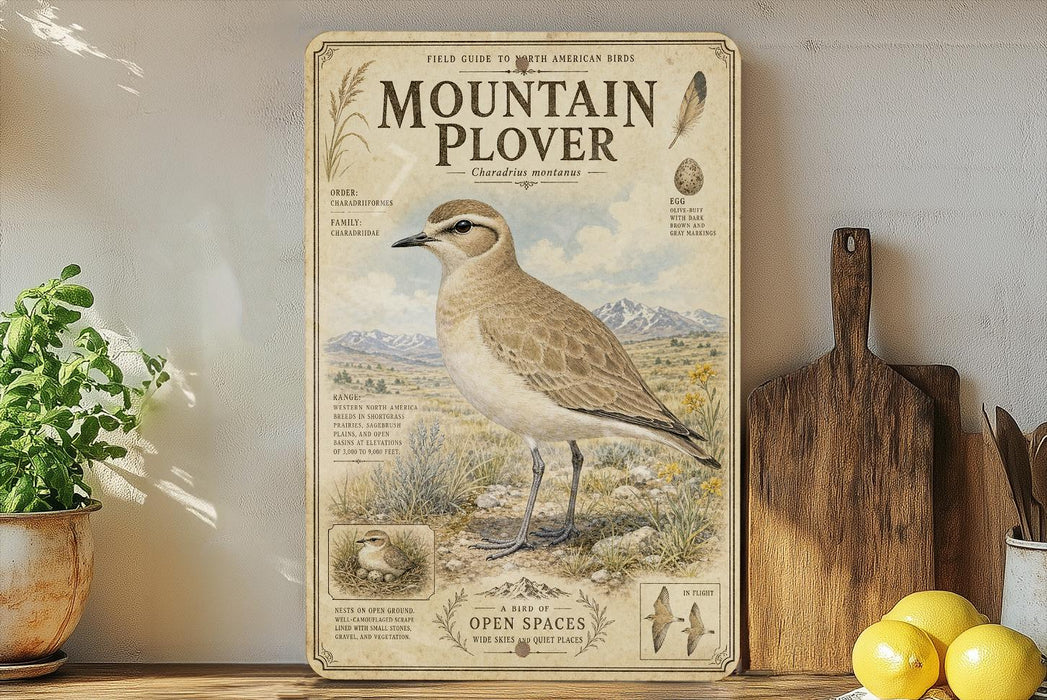a vintage-style field guide to the American bird species called the Mountain Plover, which is a small shorebird that lives in the open spaces of the American Southwest. The guide provides information about the bird's habitat, diet, behavior, and conservation status. The guide is displayed on a shelf next to a wooden cutting board and a potted plant, creating a rustic and nature-inspired setting.