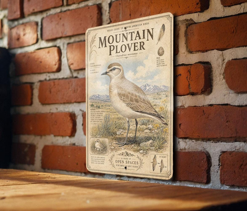 a vintage-style metal sign with a bird illustration, mounted on a brick wall.