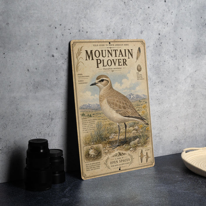 a vintage-style metal sign with an illustration of a bird, likely Mountain Plover, standing on a grassy field with mountains in the background.