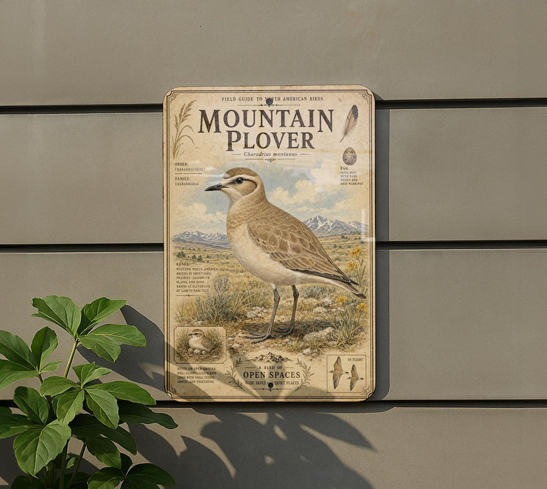 a vintage-style field guide to the American birds, specifically the Mountain Plover, mounted on a wall.