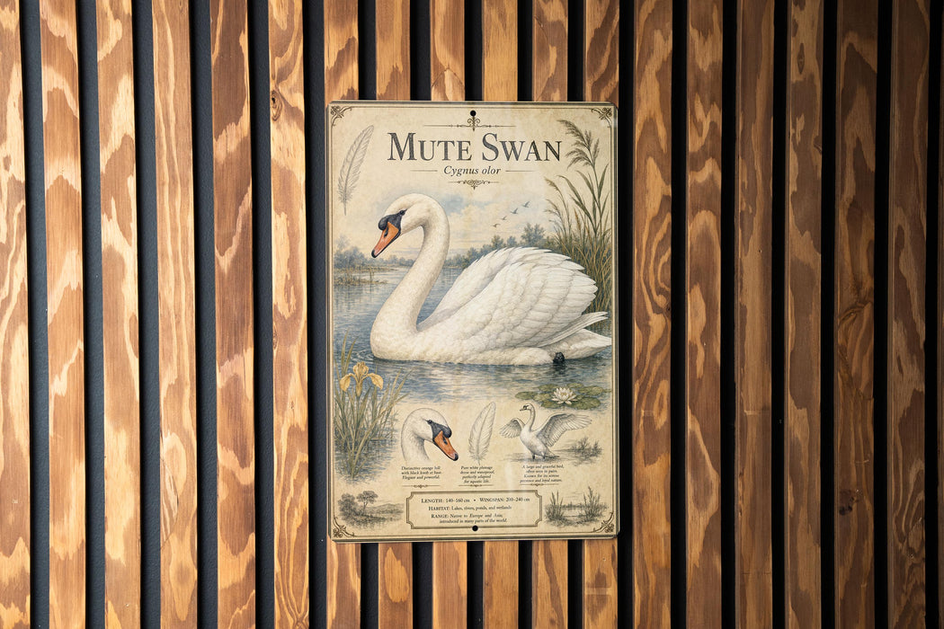 a poster of a mute swan, which is a large white bird with a distinctive orange beak and neck.