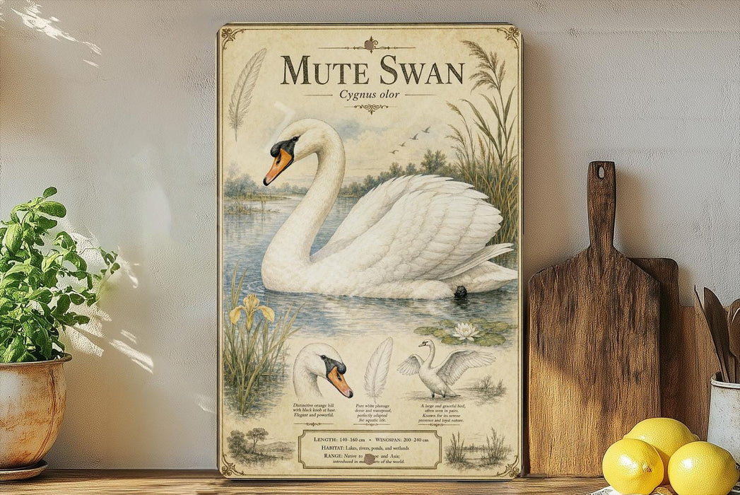 a poster of a mute swan, with illustrations and text providing information about the bird.
